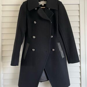 Trina Turk Black Pea Coat with Classic Wide Lapels and Tailored Fit
